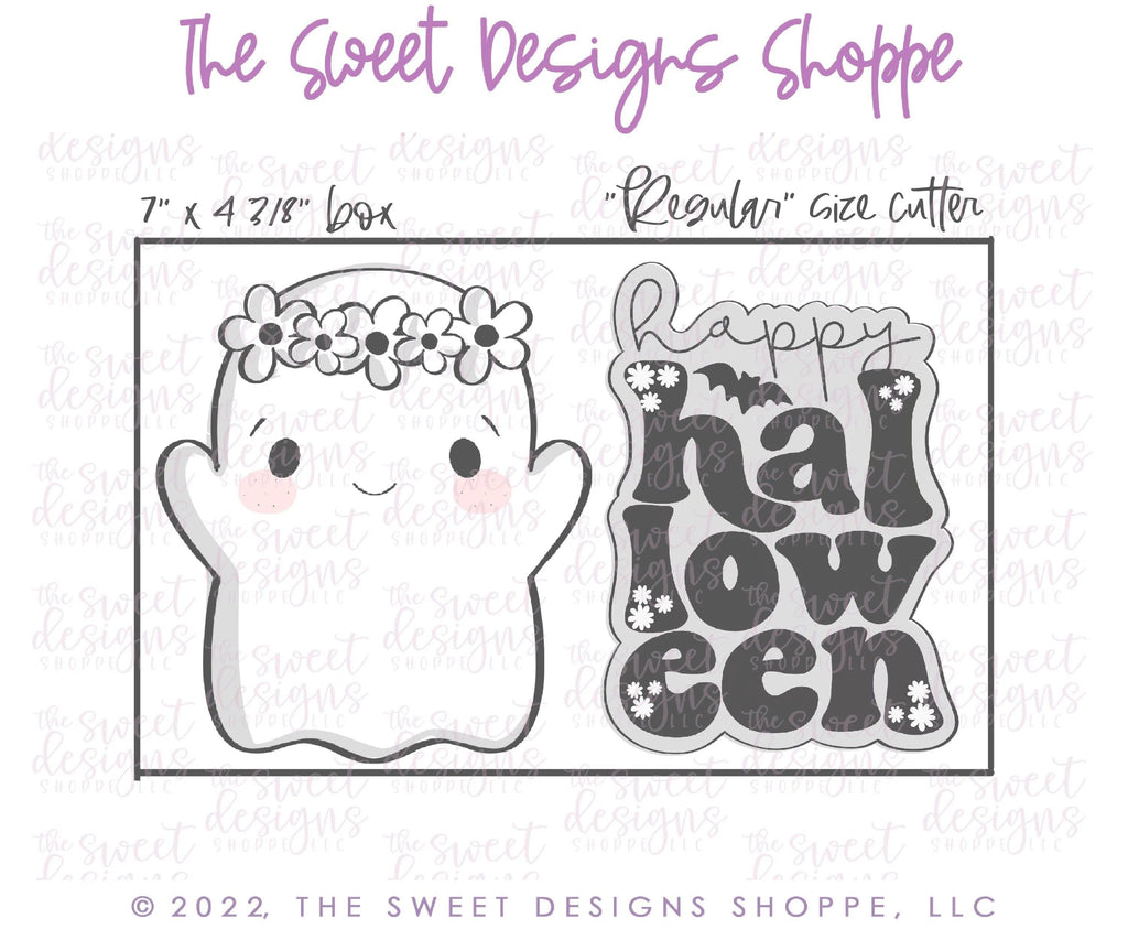 Cookie Cutters - Happy Halloween Groovy Plaque & Ghost With Floral Crown Cookie Cutter - 2 Piece Set - Cookie Cutters - The Sweet Designs Shoppe - - ALL, Cookie Cutter, halloween, Mini Set, Mini Sets, Promocode, regular sets, set, sets