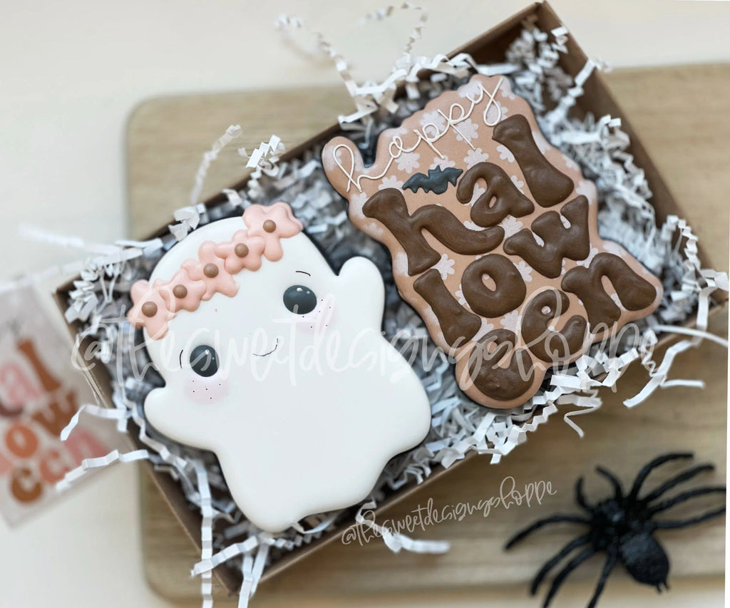 Cookie Cutters - Happy Halloween Groovy Plaque & Ghost With Floral Crown Cookie Cutter - 2 Piece Set - Cookie Cutters - The Sweet Designs Shoppe - - ALL, Cookie Cutter, halloween, Mini Set, Mini Sets, Promocode, regular sets, set, sets