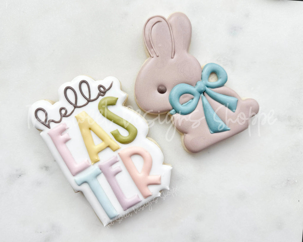 Cookie Cutters - hello EASTER Plaque & Chocolate Big Bow Bunny Cookie Cutters Set - Set of 2 - Cookie Cutters - The Sweet Designs Shoppe - Set of 2 Cutters - ( Bunny076 MidSIze, Plaque365 Regular) - ALL, Animal, Animals, Animals and Insects, bunny, Cookie Cutter, Easter, Easter / Spring, Mini Sets, Promocode, regular sets, set