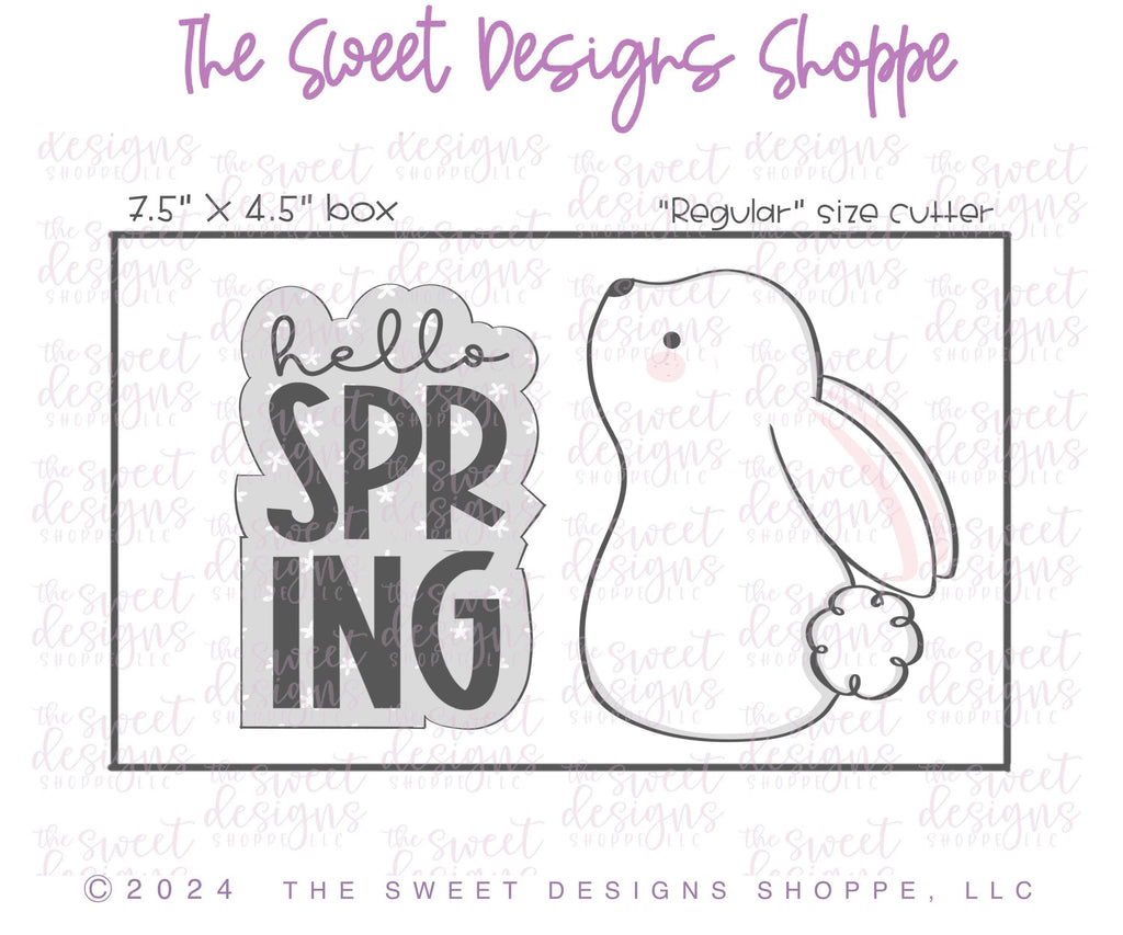 Cookie Cutters - hello SPRING Plaque & Bunny Looking Up Cookie Cutter Set - Set of 2 - Cookie Cutters - The Sweet Designs Shoppe - TSDS - - ALL,Animal,Animals,Animals and Insects,Cookie Cutter,Easter,Easter / Spring,Mini Sets,Plaque,Plaques,PLAQUES HANDLETTERING,Promocode,regular sets,set