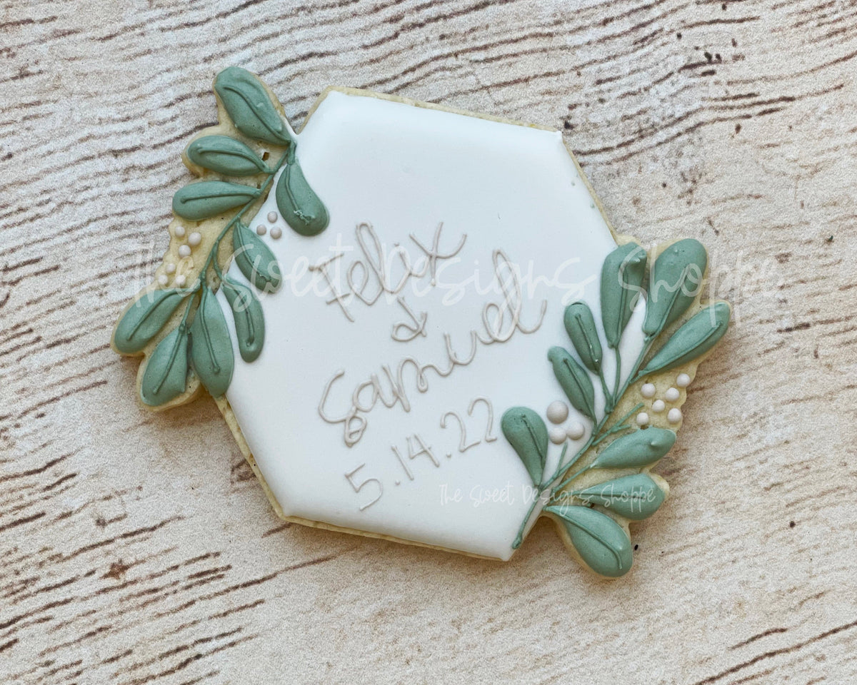 Cookie Cutters - Hexagon Eucalyptus Felix Plaque - Cookie Cutter - The Sweet Designs Shoppe - TSDS - - ALL,Cookie Cutter,First Communion,handlettering,Plaque,Plaques,PLAQUES HANDLETTERING,Promocode,Religious,Wedding,Wedding Favors
