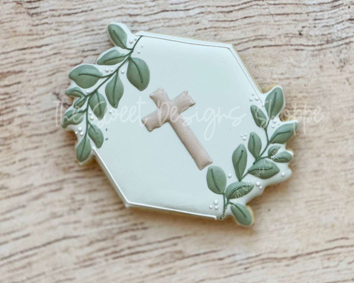 Cookie Cutters - Hexagon Eucalyptus Samuel Plaque - Cookie Cutter - The Sweet Designs Shoppe - TSDS - - ALL,Cookie Cutter,First Communion,handlettering,Plaque,Plaques,PLAQUES HANDLETTERING,Promocode,Religious,STL,Wedding,Wedding Favors