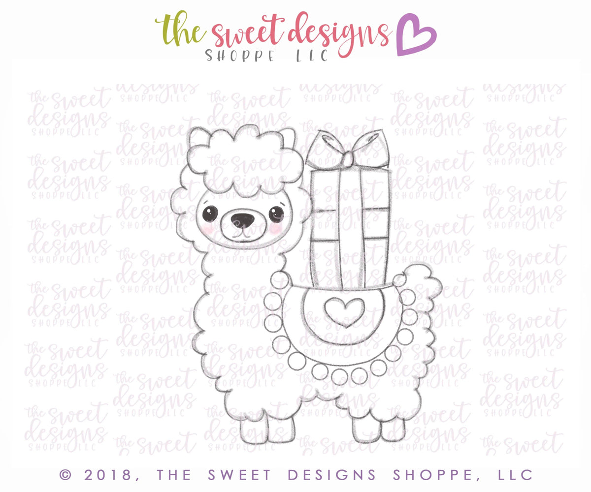 Cookie Cutters - Llilla the Llama With Gift - Cookie Cutter - The Sweet Designs Shoppe - TSDS - - ALL,Animal,Animals,Birthday,Christmas,Christmas / Winter,Cookie Cutter,Fantasy,Gifts,Llama,Promocode,STL