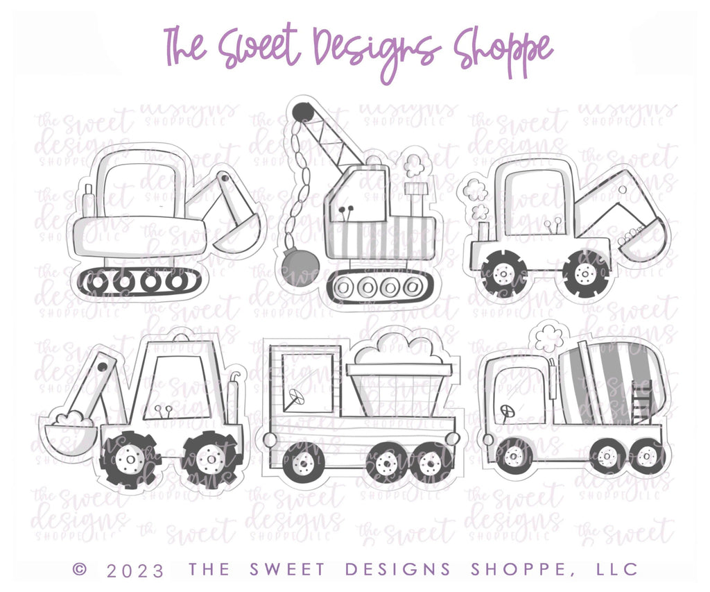 Cookie Cutters - Modern Construction Set - Set of 6 Cookie Cutters - The Sweet Designs Shoppe - TSDS - - ALL,construction,Cookie Cutter,kids,Kids / Fantasy,Mini Sets,Promocode,regular sets,set,transportation,Truck,trucks
