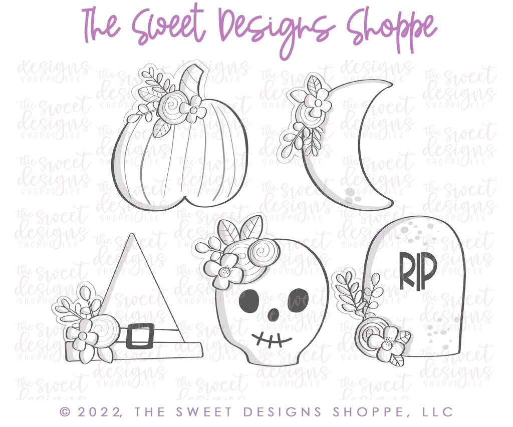 Cookie Cutters - Modern Floral Halloween Set - Cutters - Set of 5 - Sweet Designs Shoppe - - ALL, Cookie Cutter, Day of the dead, Day of the Death, dia de los muertos, Dia de Muertos, halloween, Mini Sets, Promocode, regular sets, set