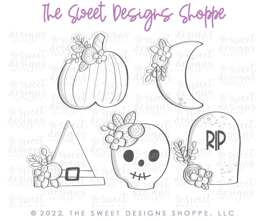 Cookie Cutters - Modern Floral Halloween Set - Cookie Cutters - Set of 5 - The Sweet Designs Shoppe - - ALL, Cookie Cutter, Day of the dead, Day of the Death, dia de los muertos, Dia de Muertos, halloween, Mini Sets, Promocode, regular sets, set