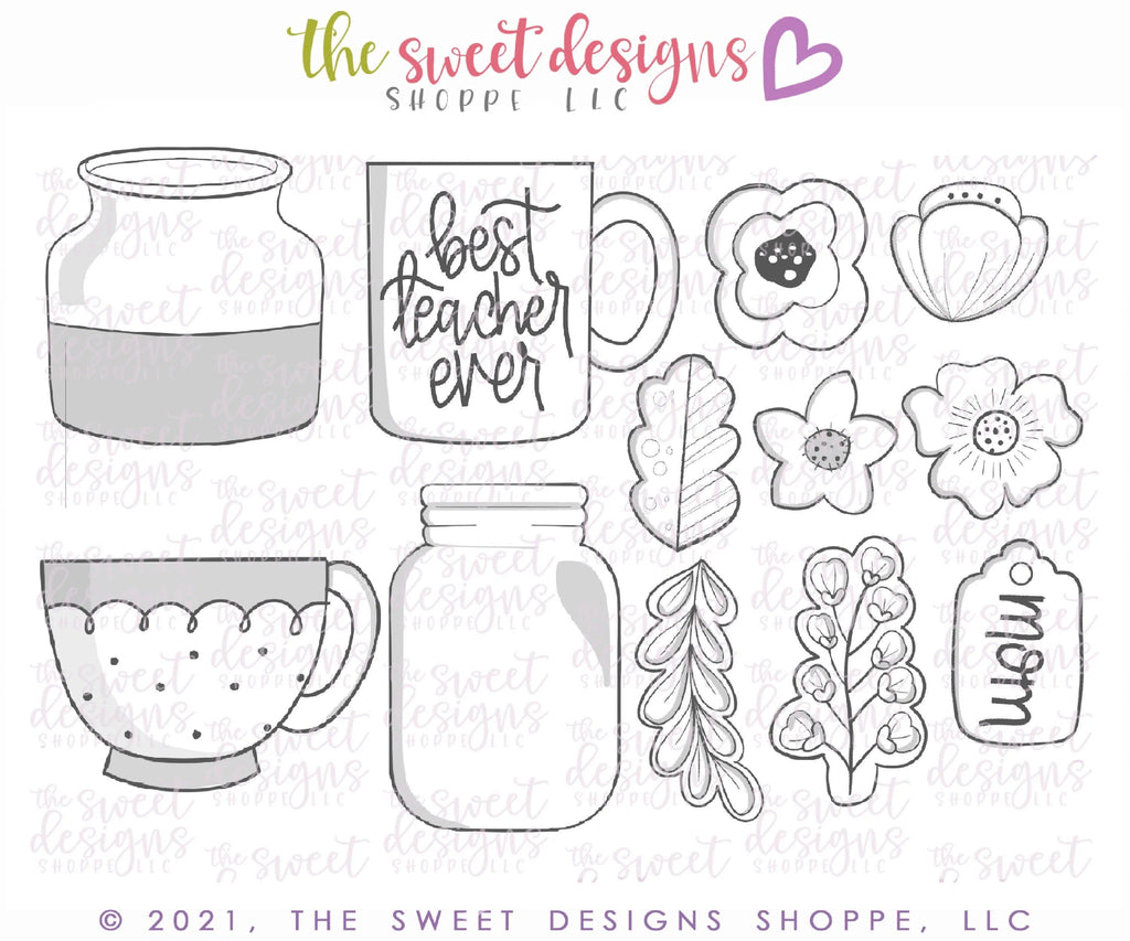 Cookie Cutters - Mothers Day Bouquet Platter Set with Jar, Vase, Cup & Mug - Cookie Cutters - The Sweet Designs Shoppe - TSDS - - ALL,Cookie Cutter,Easter / Spring,Flowers,Mini Sets,mother,Mothers Day,mug,mugs,Nature,NURSE APPRECIATION,Promocode,set,STL,teacher appreciation,Valentine,Valentines,Valentines couples