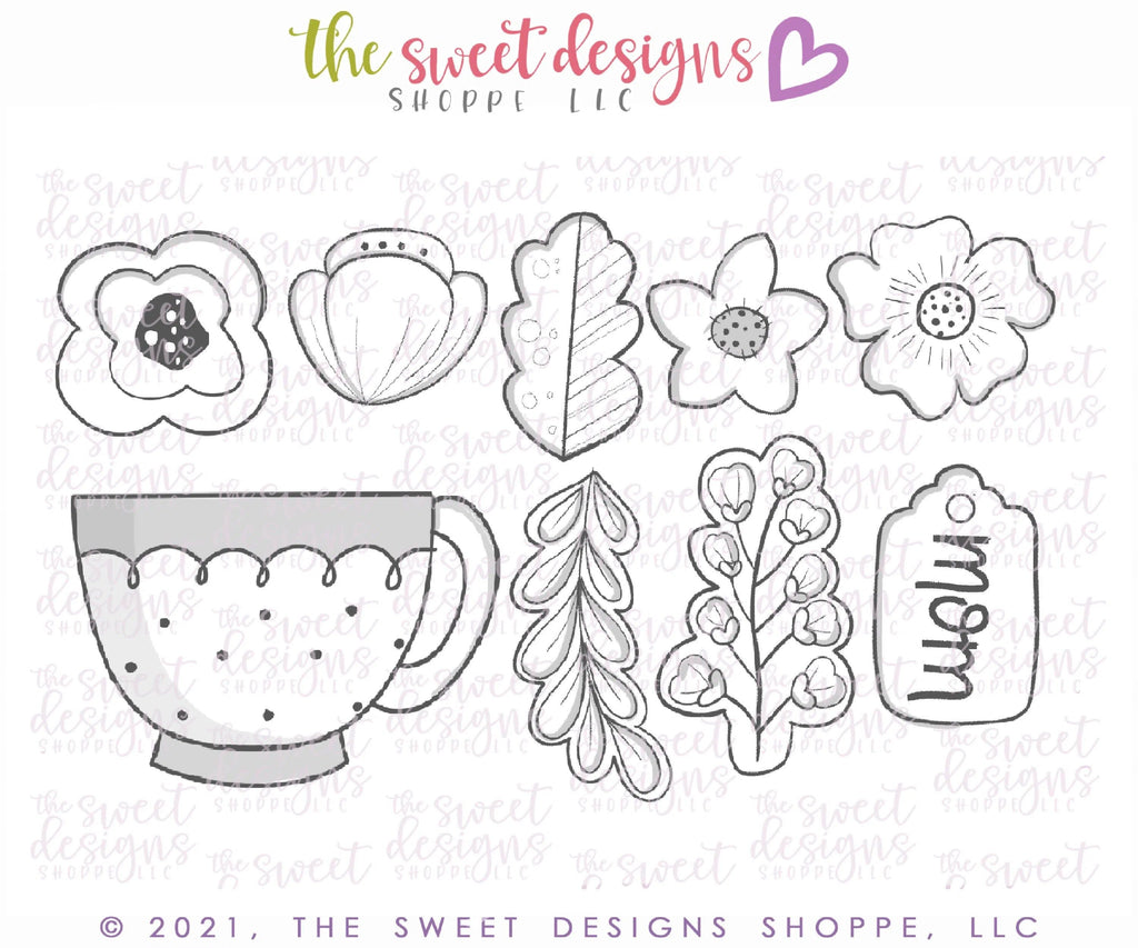 Cookie Cutters - Mothers Day Bouquet Platter Set with Tea Cup - Cookie Cutters - The Sweet Designs Shoppe - TSDS - - ALL,Cookie Cutter,Easter / Spring,Flowers,Mini Sets,mother,Mothers Day,mug,mugs,Nature,NURSE APPRECIATION,Promocode,set,teacher appreciation,Valentine,Valentines,Valentines couples