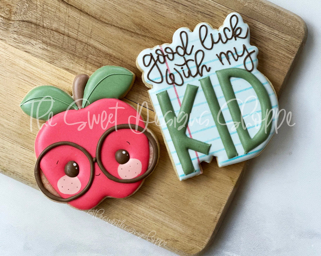 Cookie Cutters - Nerdy Cute Apple and KID Plaque Cookie Cutter Set - 2 Piece Set - Cookie Cutters - The Sweet Designs Shoppe - - ALL, back to school, Cookie Cutter, Food, Food & Beverages, Food and Beverage, Grad, graduations, Promocode, regular sets, School, School / Graduation, School Bus, school supplies, set, sets, Teacher, Teacher Appreciation