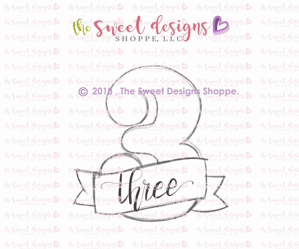 Cookie Cutters - Number 3 with Ribbon - Cookie Cutter - The Sweet Designs Shoppe - TSDS - - #3,ALL,Birthday,Cookie Cutter,Fonts,Lettering,letters and numbers,number,NumberSet,Promocode,STL