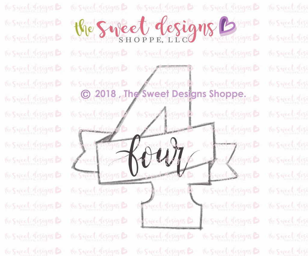 Cookie Cutters - Number 4 with Ribbon - Cookie Cutter - Sweet Designs Shoppe - - ALL, Birthday, Cookie Cutter, Fonts, Lettering, letters and numbers, number, NumberSet, Promocode, Ribbon