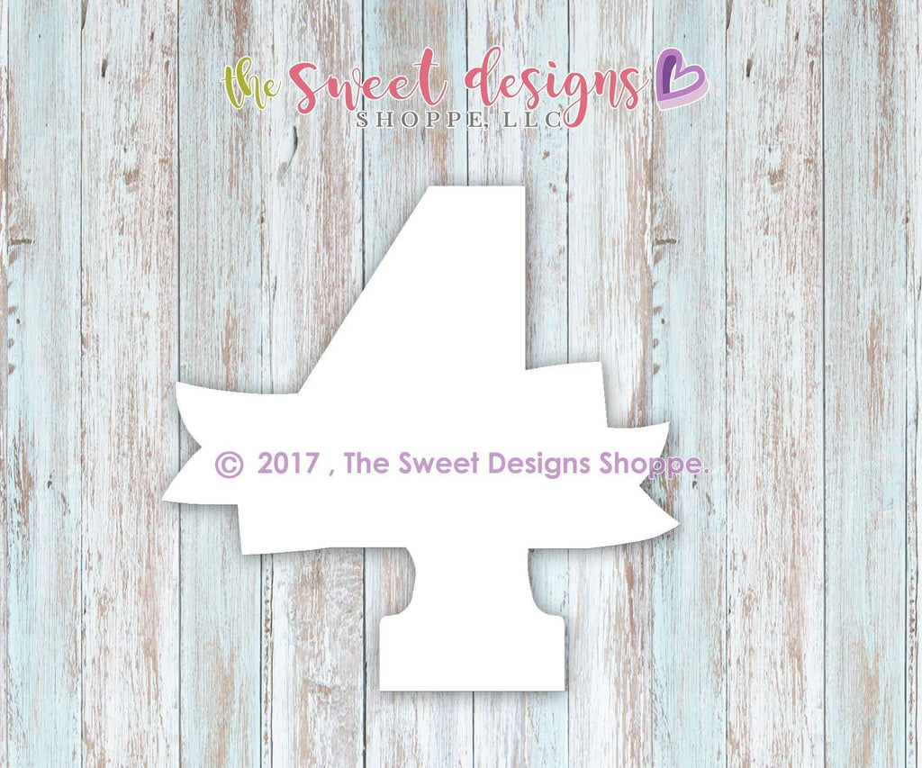 Cookie Cutters - Number 4 with Ribbon - Cookie Cutter - The Sweet Designs Shoppe - - #4, ALL, Birthday, Cookie Cutter, Fonts, Lettering, letters and numbers, number, NumberSet, Promocode, Ribbon