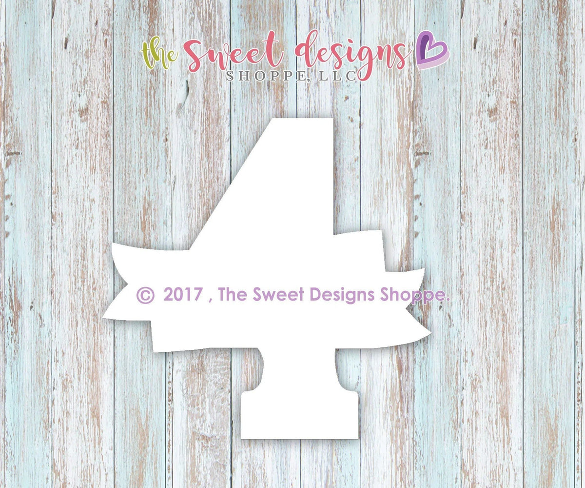 Cookie Cutters - Number 4 with Ribbon - Cookie Cutter - The Sweet Designs Shoppe - TSDS - - #4,ALL,Birthday,Cookie Cutter,Fonts,Lettering,letters and numbers,number,NumberSet,Promocode,Ribbon,STL