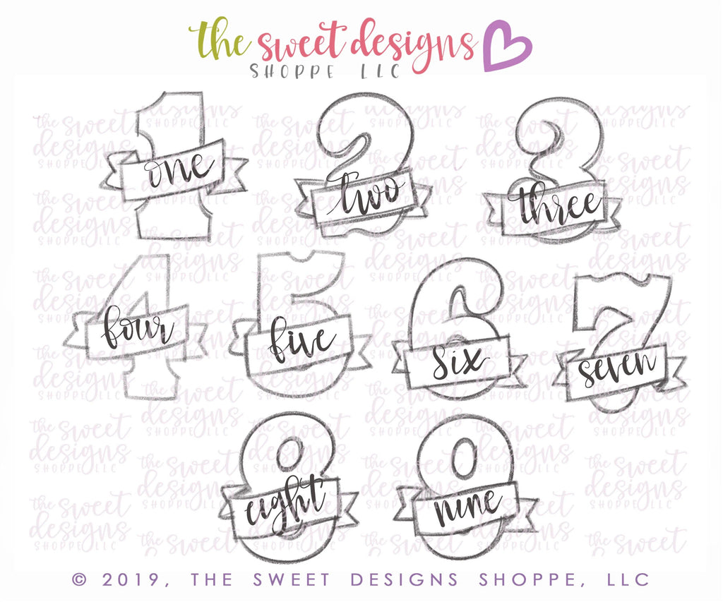 Cookie Cutters - Numbers with Ribbon Set - Cookie Cutters - The Sweet Designs Shoppe - TSDS - - #1,#2,#3,#4,#5,#6,#7,#8,#9,ALL,Birthday,Cookie Cutter,Customize,Font,Fonts,lettering,number,numbers,numberset,Promocode,regular sets,school,set,STL,text