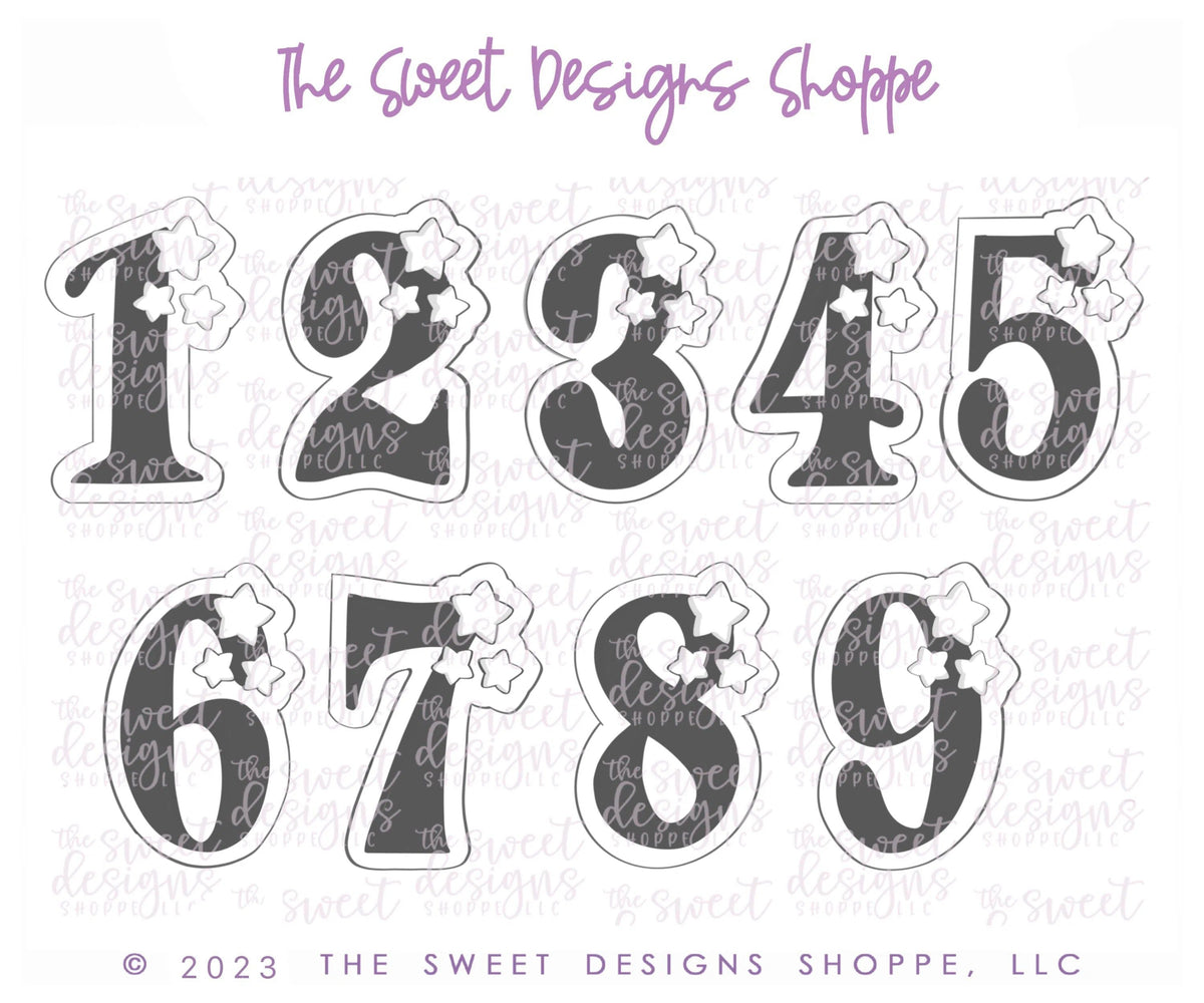 Cookie Cutters - Numbers with Stars Set - Set of 9 - Cookie Cutters - The Sweet Designs Shoppe - TSDS - - ALL,Birthday,Cookie Cutter,Customize,Font,Fonts,lettering,number,numbers,numberset,Promocode,regular sets,school,set,STL,text
