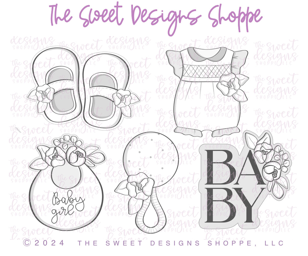 Cookie Cutters - Peony Baby Set - Set of 5 - Cookie Cutters - The Sweet Designs Shoppe - TSDS - - ALL,Baby,Baby / Kids,Baby Bib,Baby Bottle,Baby Boy,baby girl,baby rattle,baby shower,Baby Swaddle,baby toys,babyshower,Bib,Cookie Cutter,Onesie,onsie,Promocode,rattle,regular sets,set,STL,Swaddle