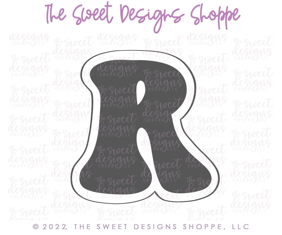 Cookie Cutters - Retro Alphabet (Regular Size) - Set of 26 Cookie Cutters or Individual Cookie Cutters - The Sweet Designs Shoppe - TSDS - Letter R Only - Regular Size (3-3/4" High x 3-5/8" Wide) - ABC,ALL,alphabet,back to school,Cookie Cutter,Grad,graduations,groovy,letter,Lettering,Letters,letters and numbers,Mini Sets,Promocode,School,School / Graduation,school supplies,set,STL,text