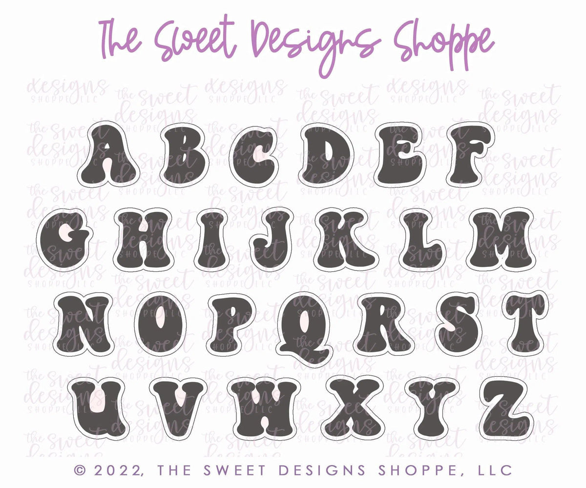 Cookie Cutters - Retro Alphabet (Regular Size) - Set of 26 Cookie Cutters or Individual Cookie Cutters - The Sweet Designs Shoppe - TSDS - Set of 26 - Regular Size Cutters ( 3-3/4" High Approx.) - ABC,ALL,alphabet,back to school,Cookie Cutter,Grad,graduations,groovy,letter,Lettering,Letters,letters and numbers,Mini Sets,Promocode,School,School / Graduation,school supplies,set,STL,text