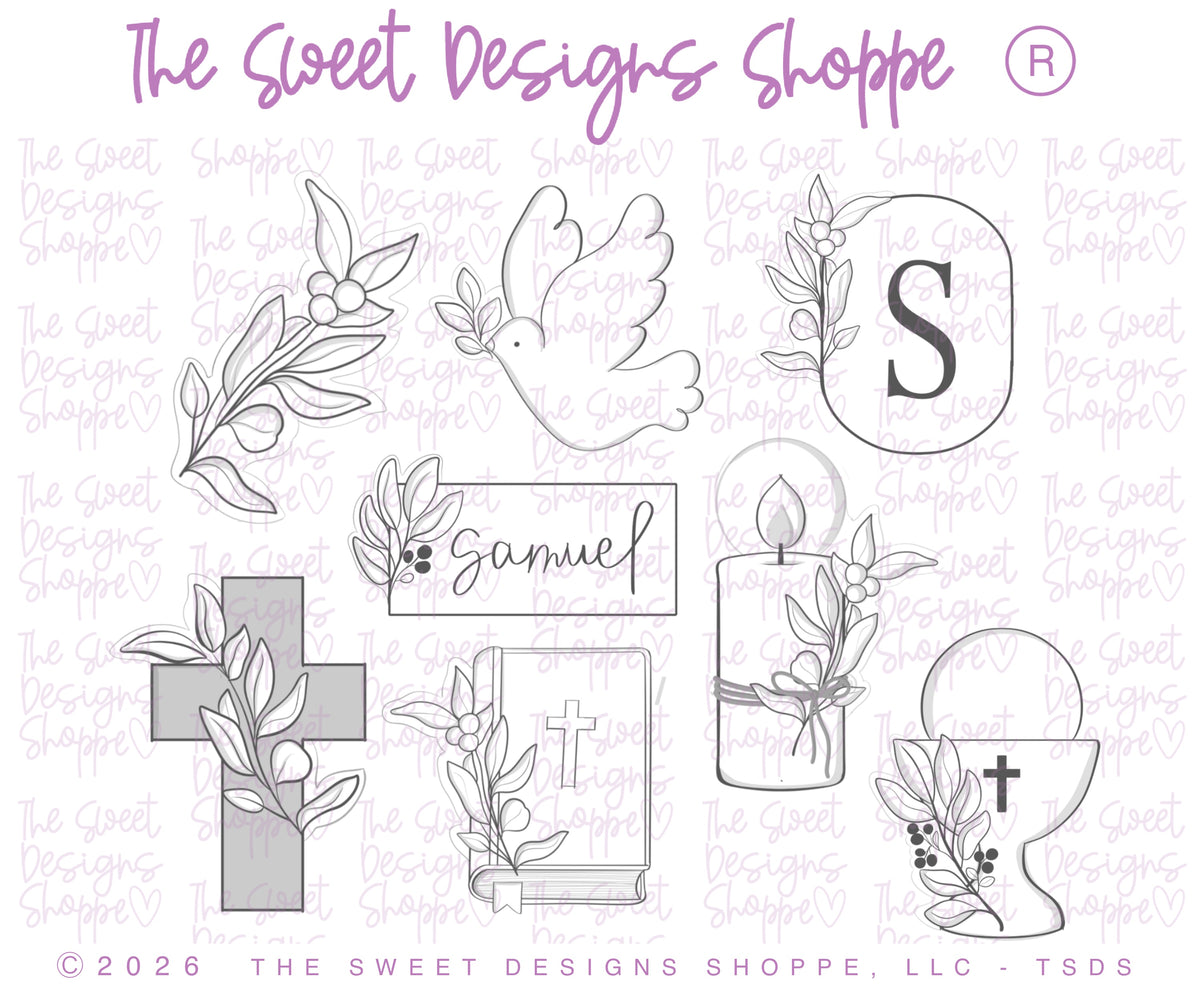 Cookie Cutters - Samuel's Communion Set - Set of 8 - Cookie Cutters & Color Palette (PDF) - The Sweet Designs Shoppe - TSDS - - ALL,Baptism,bible,Christ,Christening,Color palette,Cookie Cutter,cross,dove,First Communion,Promocode,regular sets,Religious,set,STL