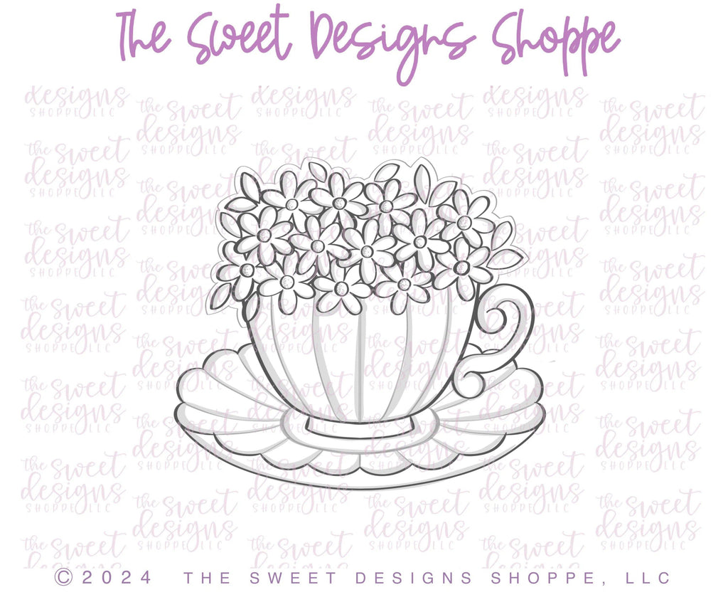 Cookie Cutters - Scalloped Daisy Bouquet Teacup - Cookie Cutter - Sweet Designs Shoppe - - ALL, beverage, Cookie Cutter, Daisy, floral, Food, Food & Beverages, Food and Beverage, MOM, mother, Mothers Day, Promocode, tea