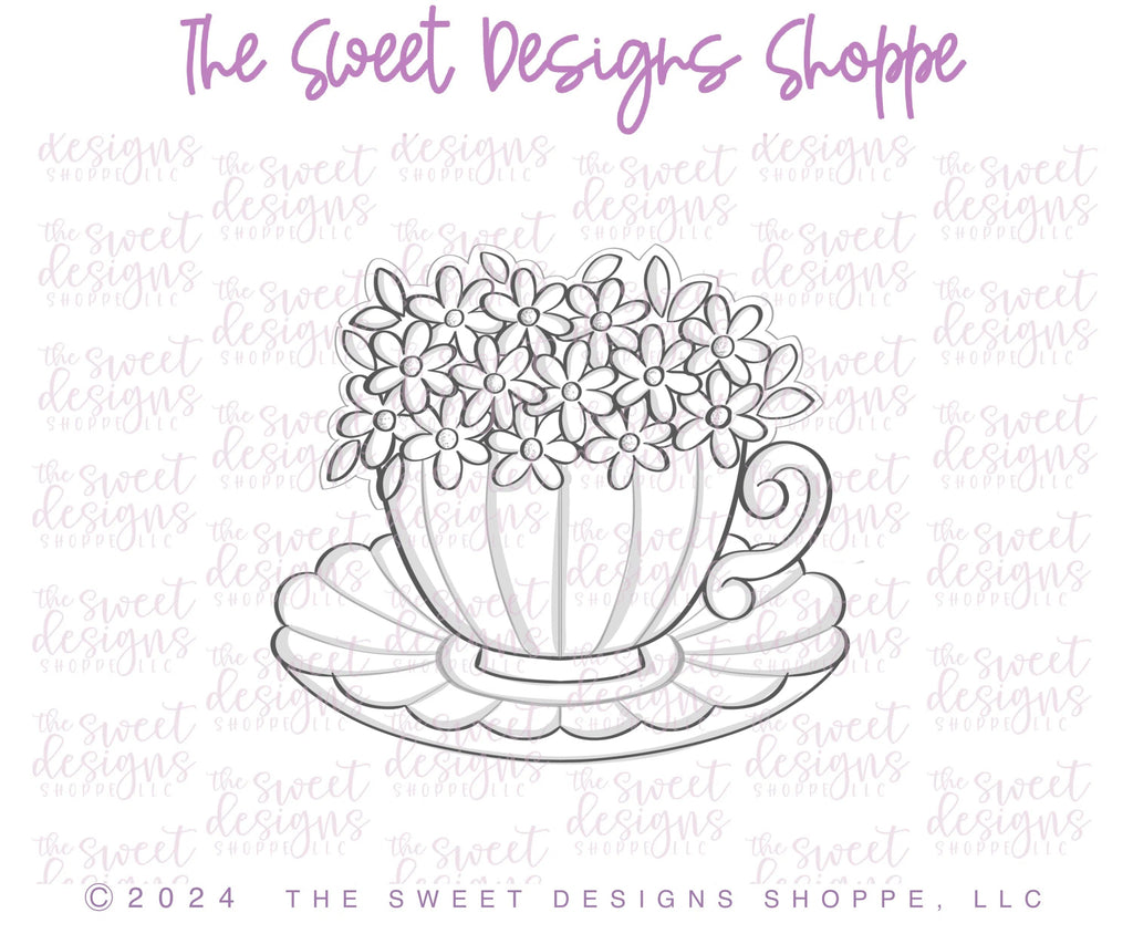 Cookie Cutters - Scalloped Daisy Bouquet Teacup - Cookie Cutter - Sweet Designs Shoppe - - ALL, beverage, Cookie Cutter, Daisy, floral, Food, Food & Beverages, Food and Beverage, MOM, mother, Mothers Day, new, Promocode, tea