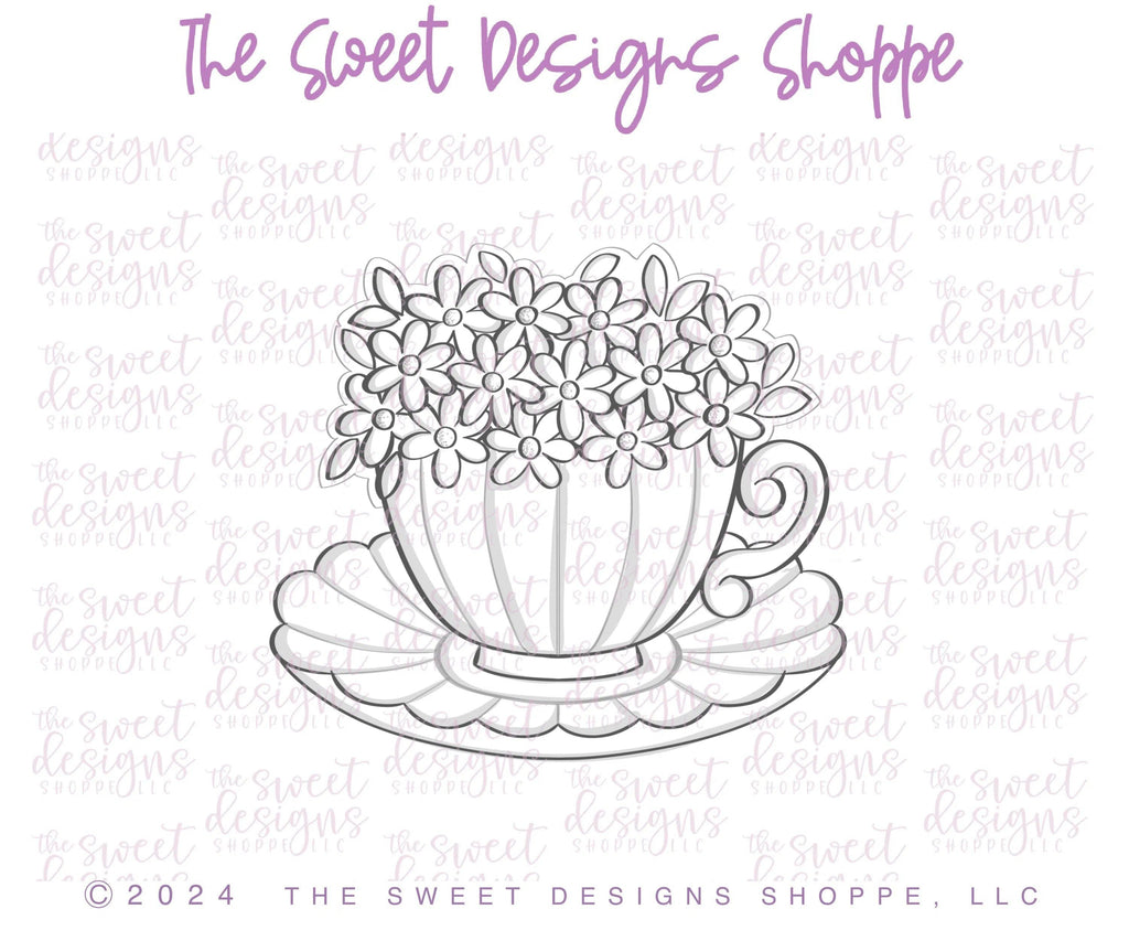 Cookie Cutters - Scalloped Daisy Bouquet Teacup - Cookie Cutter - The Sweet Designs Shoppe - - ALL, beverage, Cookie Cutter, Daisy, floral, Food, Food & Beverages, Food and Beverage, MOM, mother, Mothers Day, Promocode, tea