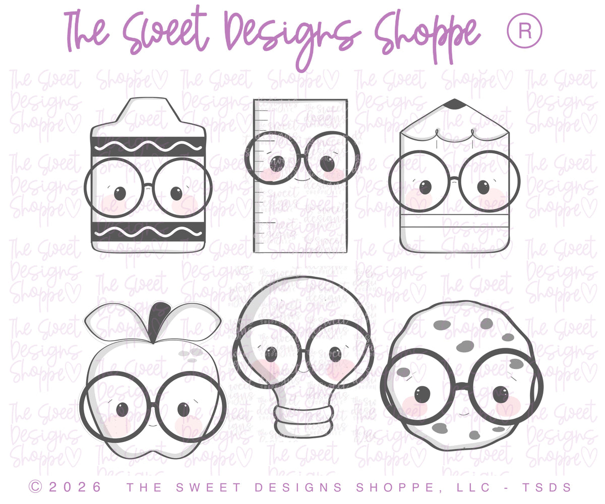 Cookie Cutters - School Nerdy Cutters Set - Set of 6 - Cookie Cutters - The Sweet Designs Shoppe - TSDS - - ALL,back to school,BTS,Cookie Cutter,Mini Set,Mini Sets,Promocode,regular sets,School,School / Graduation,set,STL,Teacher,Teacher Appreciation