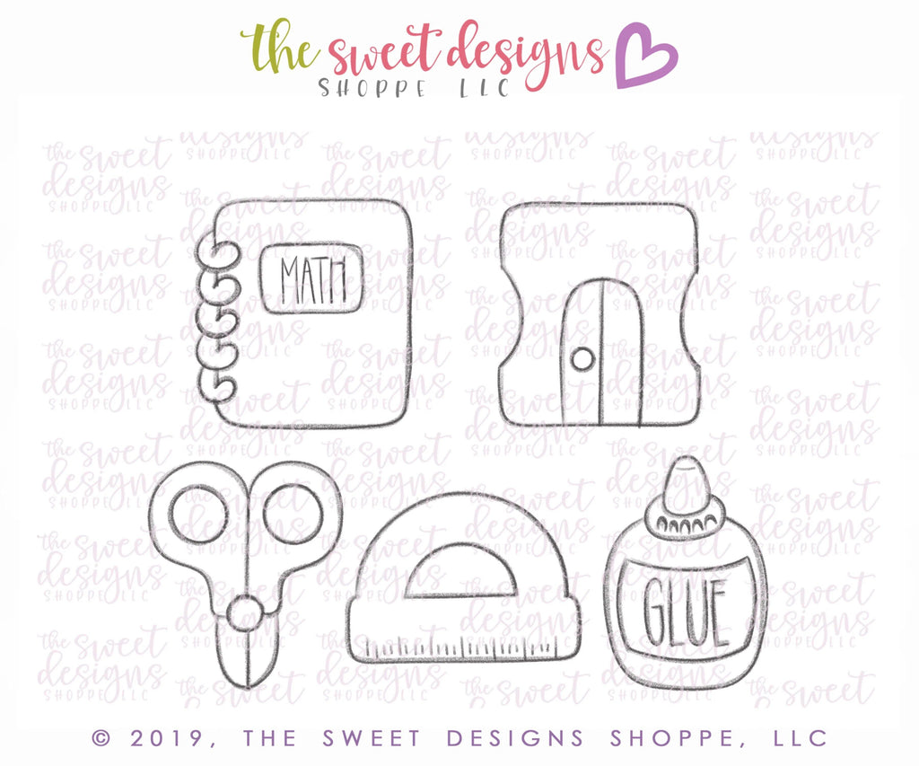 Cookie Cutters - School Supplies Mini Set - Cookie Cutters - The Sweet Designs Shoppe - Set of 5 School Minis - ALL, back to school, Cookie Cutter, Grad, graduations, Mini Sets, Promocode, school, School / Graduation, school supplies, set, teacher, teacher appreciation