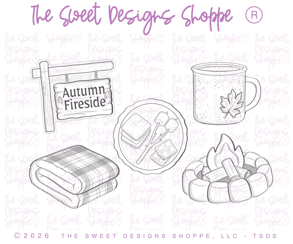 Cookie Cutters - Set for BellaDonna Cookies Class - Autumn Fireside - Set of 5 Cookie Cutters - Online Class not Included - The Sweet Designs Shoppe - TSDS - - ALL,BellaDonna,BellaDonna Cookies,belladonnacookies,campfire,Camping,Christmas / Winter,class,Cookie Cutter,Fall,Fall / Thanksgiving,Halloween / Fall / Thanksgiving,online,Promocode,regular sets,set,sets,STL,thanksgiving,Winter