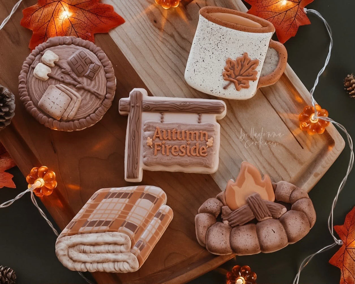 Cookie Cutters - Set for BellaDonna Cookies Class - Autumn Fireside - Set of 5 Cookie Cutters - Online Class not Included - The Sweet Designs Shoppe - TSDS - - ALL,BellaDonna,BellaDonna Cookies,belladonnacookies,campfire,Camping,Christmas / Winter,class,Cookie Cutter,Fall,Fall / Thanksgiving,Halloween / Fall / Thanksgiving,online,Promocode,regular sets,set,sets,STL,thanksgiving,Winter