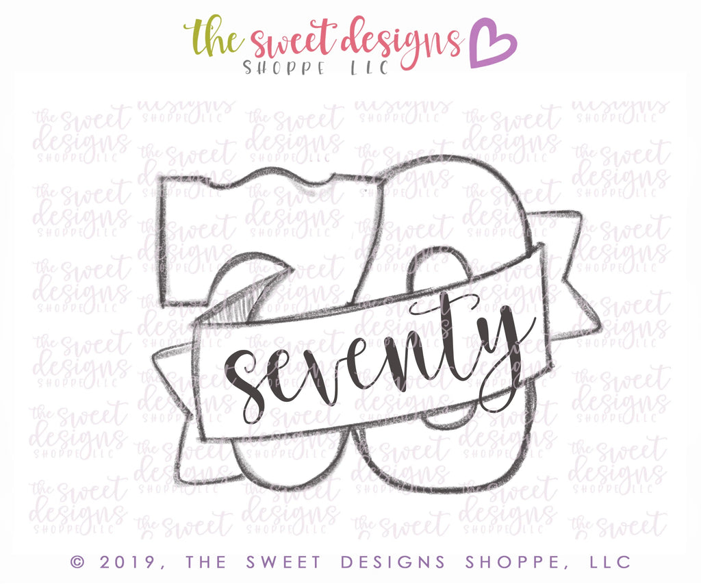 Cookie Cutters - Seventy with Ribbon - Cookie Cutter - Sweet Designs Shoppe - - 70, Accesories, ALL, Birthday, Cookie Cutter, Fonts, kids, Lettering, letters and numbers, number, Promocode, setenta
