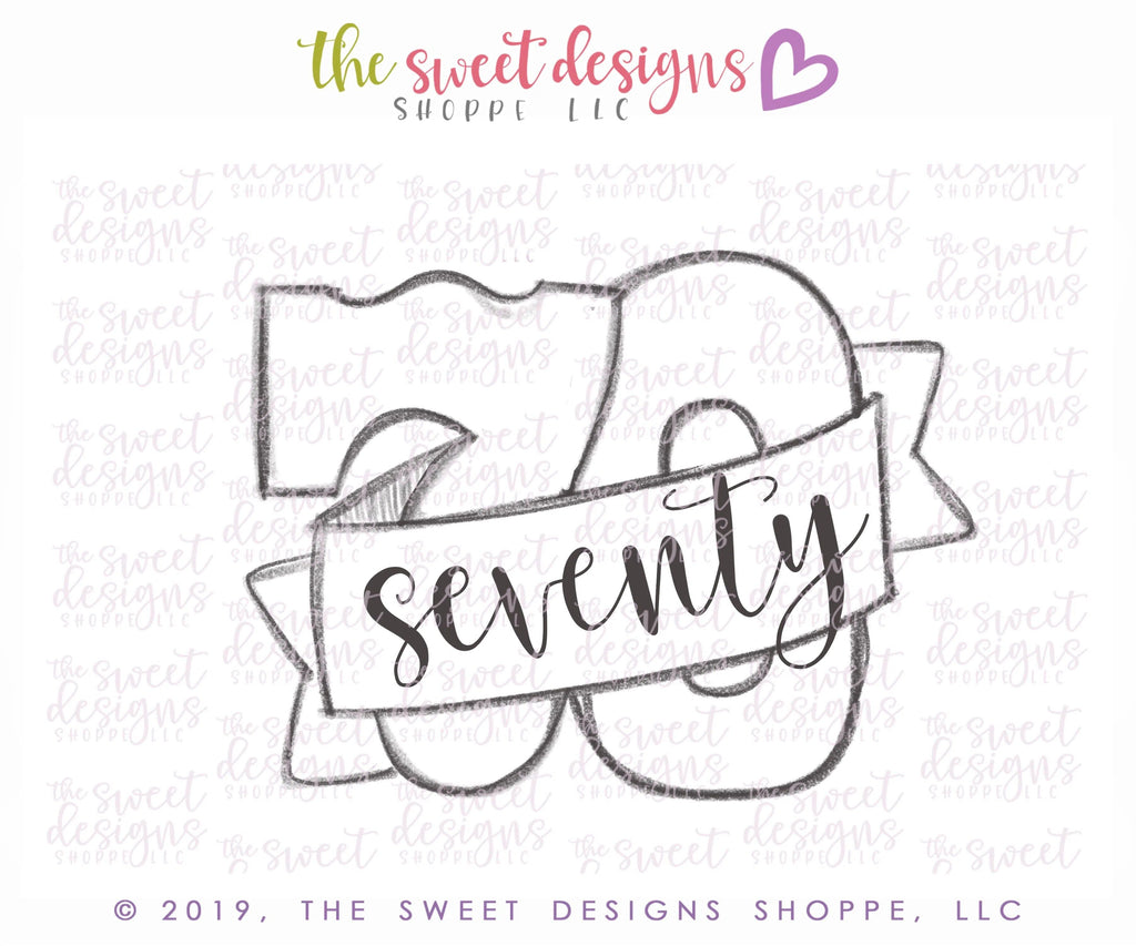 Cookie Cutters - Seventy with Ribbon - Cookie Cutter - The Sweet Designs Shoppe - - 70, Accesories, ALL, Birthday, Cookie Cutter, Fonts, kids, Lettering, letters and numbers, number, Promocode, setenta