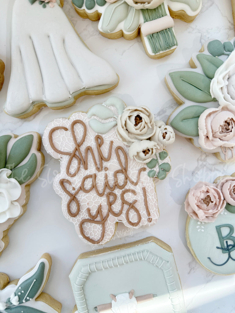 Cookie Cutters - She said yes! Plaque - Cookie Cutter - The Sweet Designs Shoppe - - ALL, Bachelorette, Cookie Cutter, Flower, Flowers, handlettering, Leaves and Flowers, Married, Plaque, Plaques, PLAQUES HANDLETTERING, Promocode, Wedding