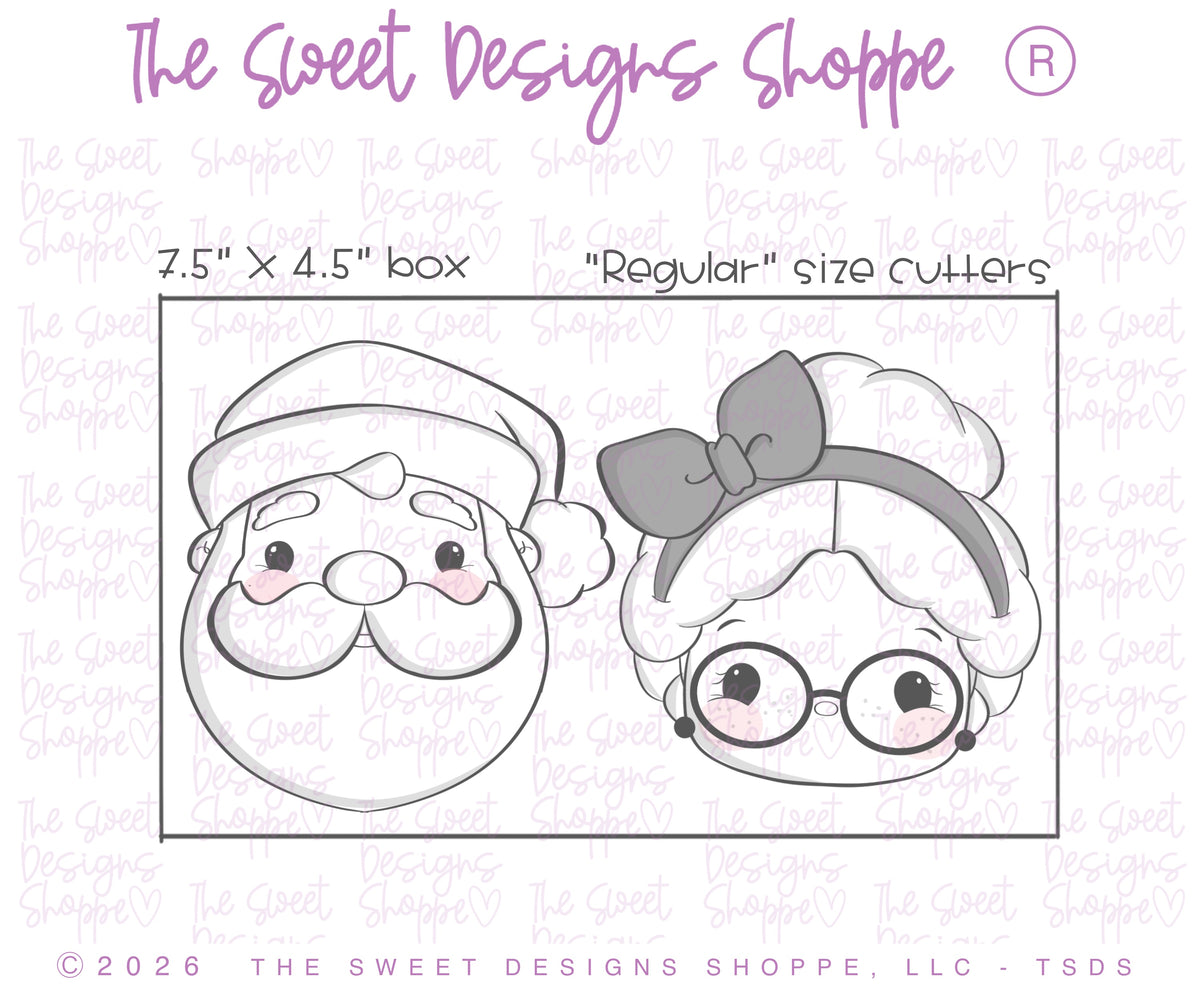 Cookie Cutters - Simple Santa Face & Mrs. Claus Face 2026 Cookie Cutter Set - Set of 2 - Cookie Cutters - The Sweet Designs Shoppe - TSDS - - ALL,Christmas,Christmas / Winter,claus,clause,Cookie Cutter,Mrs Claus,MRS Clause,MrsClaus,MrsClausFace,new,Promocode,regular sets,Santa,Santa Claus,set,STL