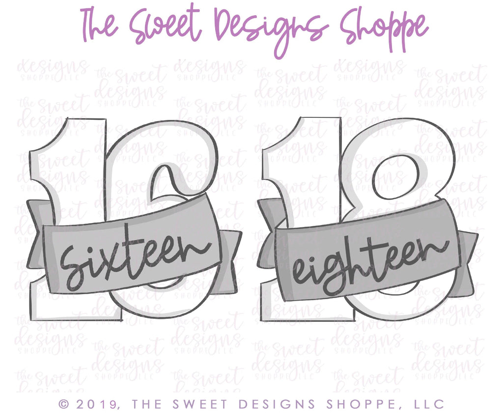Cookie Cutters - Sixteen / Eighteen with Ribbon - Cookie Cutter - Sweet Designs Shoppe - - 16, Accesories, ALL, Birthday, Cookie Cutter, Fonts, kids, Lettering, letters and numbers, number, Promocode, sixteen, sweet sixteen