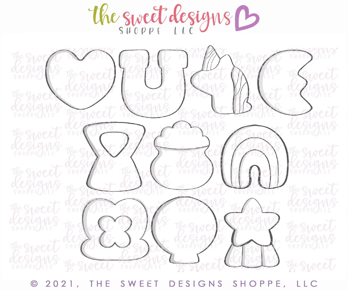 Cookie Cutters - St Patrick's Charms Set - Set of 10 - Cookie Cutters - The Sweet Designs Shoppe - TSDS - - ALL,Cookie Cutter,Holiday,Love,Mini Sets,patrick,patrick's,Promocode,set,ST PATRICK,St Patrick’s Day,St. Pat,St. Patricks,STL