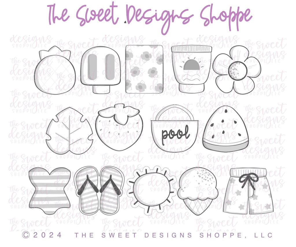 Cookie Cutters - Summer Pool Party - Cookie Cutters Set - Set of 14 Cookie Cutters - The Sweet Designs Shoppe - TSDS - - Accesories,Accessories,accessory,ALL,beach,bicycle,Clothing / Accessories,Cookie Cutter,fruity summer,icecream,Mini Sets,pool,pool party,Promocode,regular sets,set,STL,Summer,summer plaque