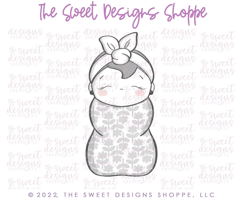 Cookie Cutters - Swaddle Baby Girl with Headband - Cookie Cutter - Sweet Designs Shoppe - - ALL, Baby, Baby / Kids, Baby Bib, Baby Bottle, Baby Boy, baby girl, baby shower, Baby Swaddle, baby toys, babyshower, Cookie Cutter, Lady Milk Stache, Lady MilkStache, LadyMilkStache, Promocode