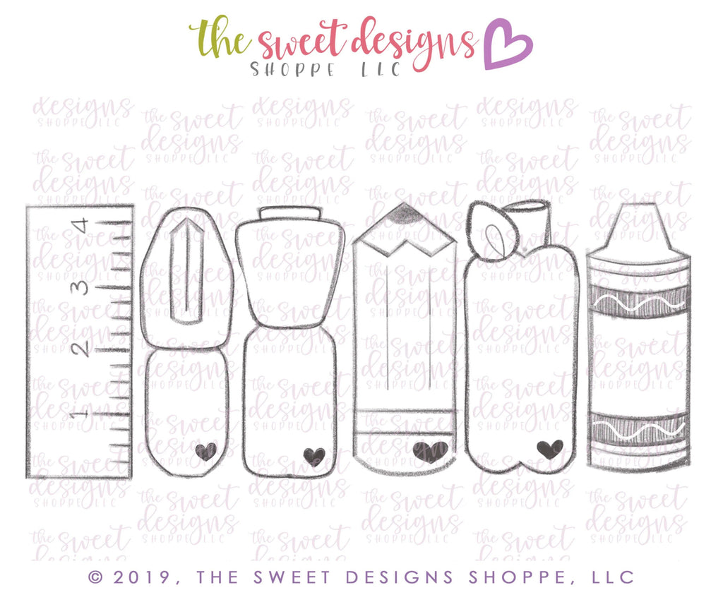 Cookie Cutters - Tall School Supplies - Set of 6- Cookie Cutters - The Sweet Designs Shoppe - TSDS - - ALL,back to school,Cookie Cutter,Grad,graduations,Mini Sets,Promocode,regular sets,School,School / Graduation,school supplies,Set,tall