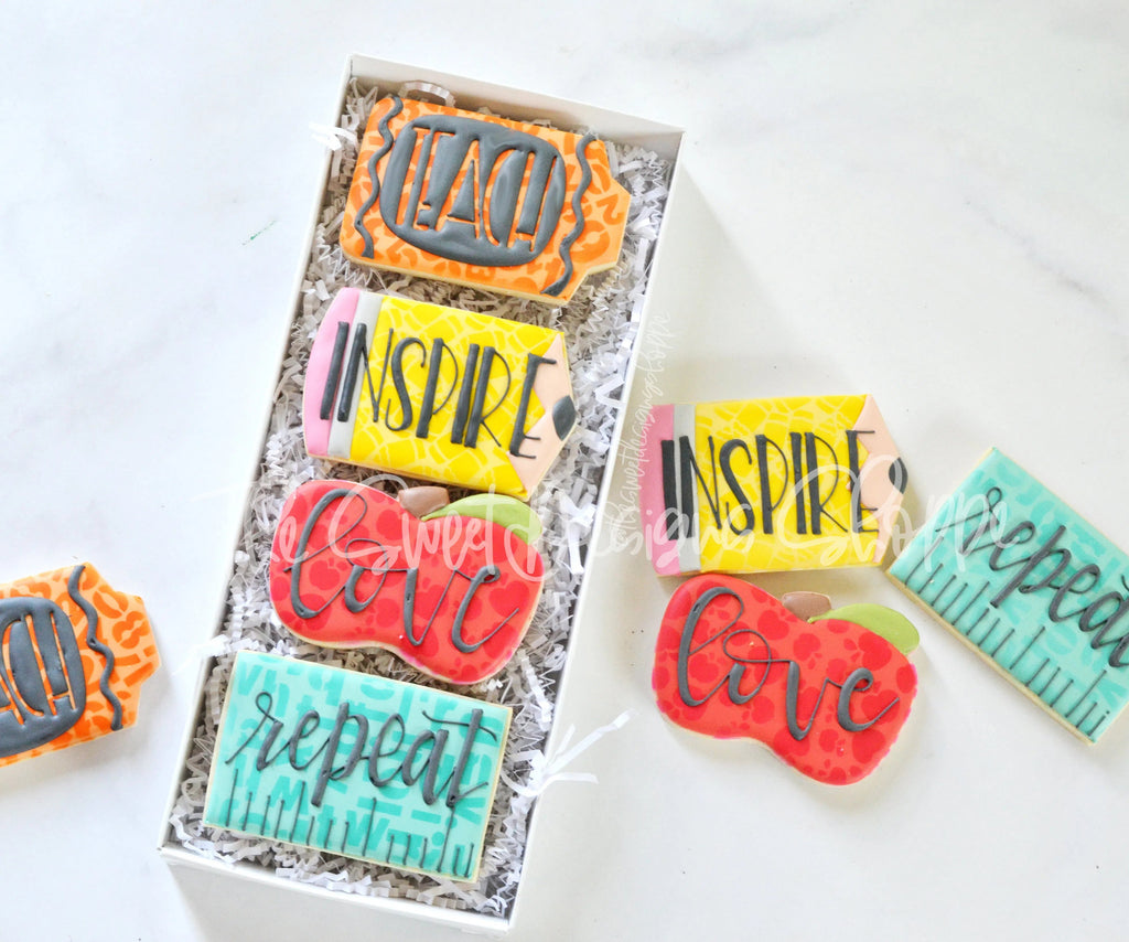 Cookie Cutters - Teach Love Inspire Repeat - School Set - Cookie Cutters - Sweet Designs Shoppe - - 2020, ALL, Cookie Cutter, Grad, Graduation, graduations, handlettering, letter, Lettering, Letters, letters and numbers, Mini Sets, number, numbers, Promocode, regular sets, School / Graduation, set, Teacher, Teacher Appreciation
