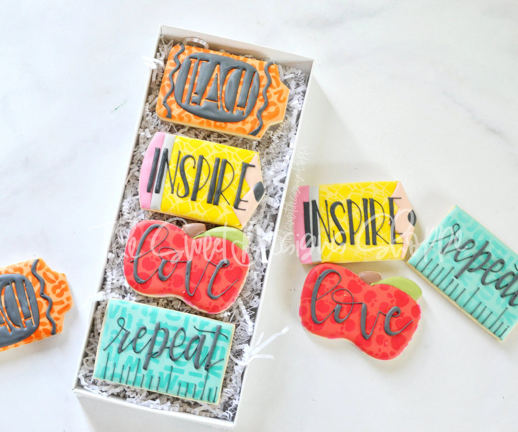 Cookie Cutters - Teach Love Inspire Repeat - School Set - Cookie Cutters - The Sweet Designs Shoppe - - 2020, ALL, Cookie Cutter, Grad, Graduation, graduations, handlettering, letter, Lettering, Letters, letters and numbers, Mini Sets, number, numbers, Promocode, regular sets, School / Graduation, set, Teacher, Teacher Appreciation