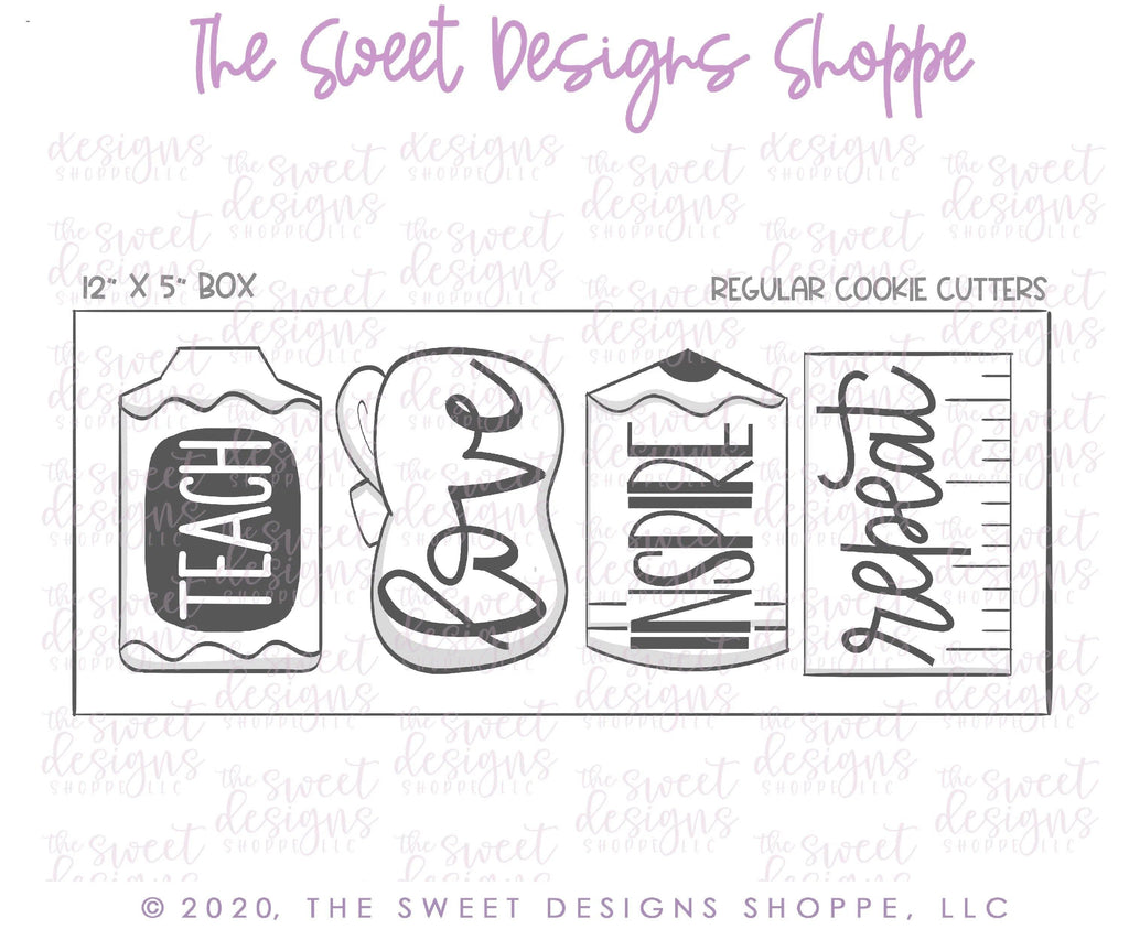 Cookie Cutters - Teach Love Inspire Repeat - School Set - Cookie Cutters - The Sweet Designs Shoppe - TSDS - - ALL,Cookie Cutter,Grad,Graduation,graduations,handlettering,letter,Lettering,Letters,letters and numbers,Mini Sets,number,numbers,Promocode,regular sets,School / Graduation,set,Teacher,Teacher Appreciation