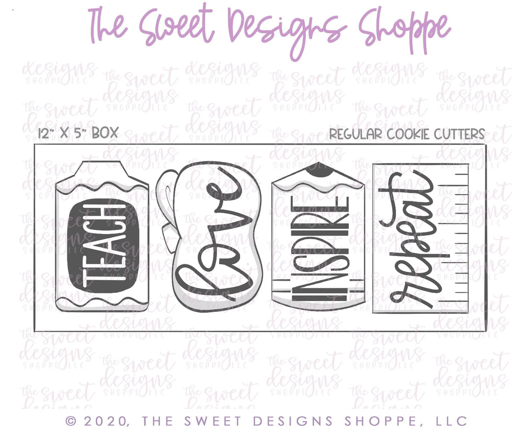 Cookie Cutters - Teach Love Inspire Repeat - School Set - Cookie Cutters - The Sweet Designs Shoppe - - 2020, ALL, Cookie Cutter, Grad, Graduation, graduations, handlettering, letter, Lettering, Letters, letters and numbers, Mini Sets, number, numbers, Promocode, regular sets, School / Graduation, set, Teacher, Teacher Appreciation