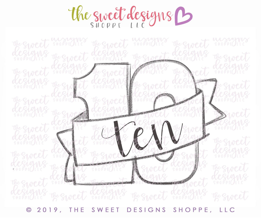 Cookie Cutters - Ten with Ribbon - Cookie Cutter - The Sweet Designs Shoppe - TSDS - - 10,Accesories,ALL,Birthday,Cookie Cutter,diez,Fonts,kids,Lettering,letters and numbers,number,Promocode