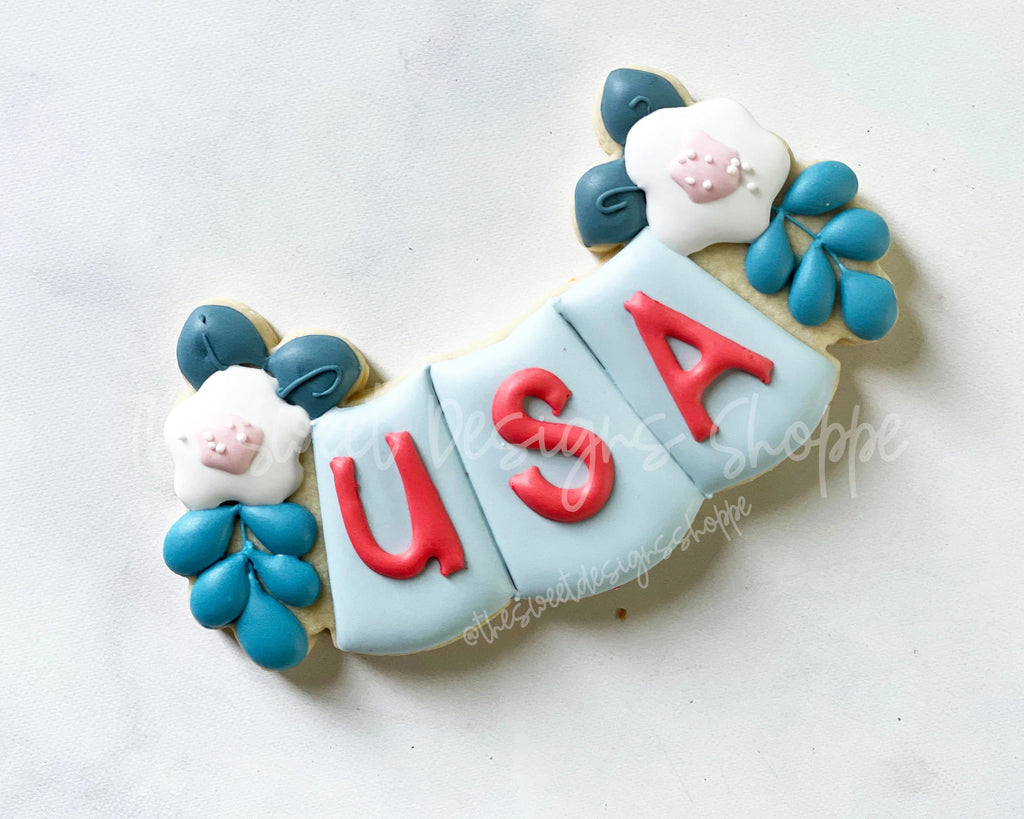 Cookie Cutters - Three Space Floral Bunting - Plaque - Cookie Cutter - The Sweet Designs Shoppe - TSDS - - 4th,4th july,4th of July,ALL,BasicShapes,Birthday,Bunting,Cookie Cutter,Misc,Miscelaneous,Miscellaneous,MOM,Mom Plaque,mother,Mothers Day,patriotic,Plaque,Plaques,PLAQUES HANDLETTERING,Promocode,USA