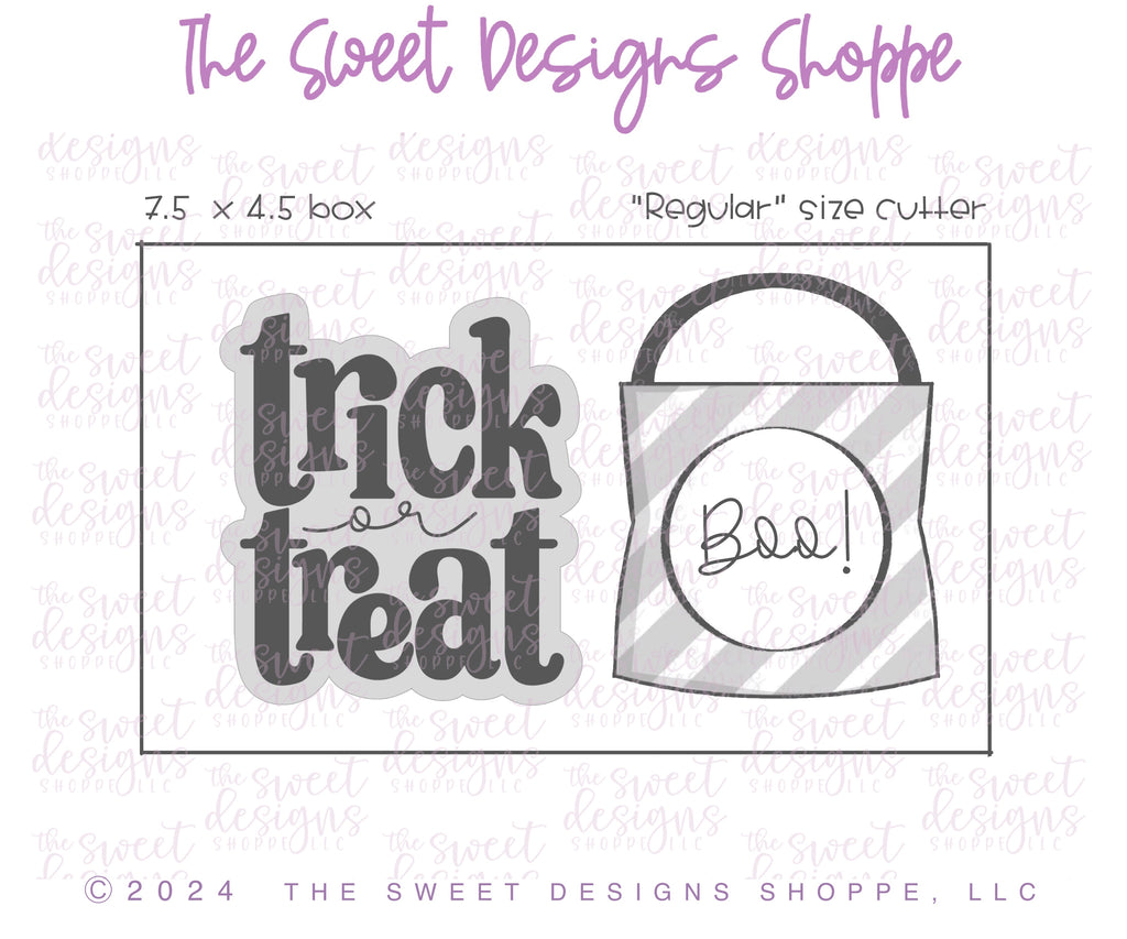 Cookie Cutters - Treat Bag & Trick or Treat Plaque Cookie Cutter Set - Set of 2 - Cookie Cutters - The Sweet Designs Shoppe - TSDS - - ALL,Cookie Cutter,halloween,Halloween set,Halloween Sets,Mini Sets,Plaque,Plaques,PLAQUES HANDLETTERING,Promocode,regular sets,set,STL