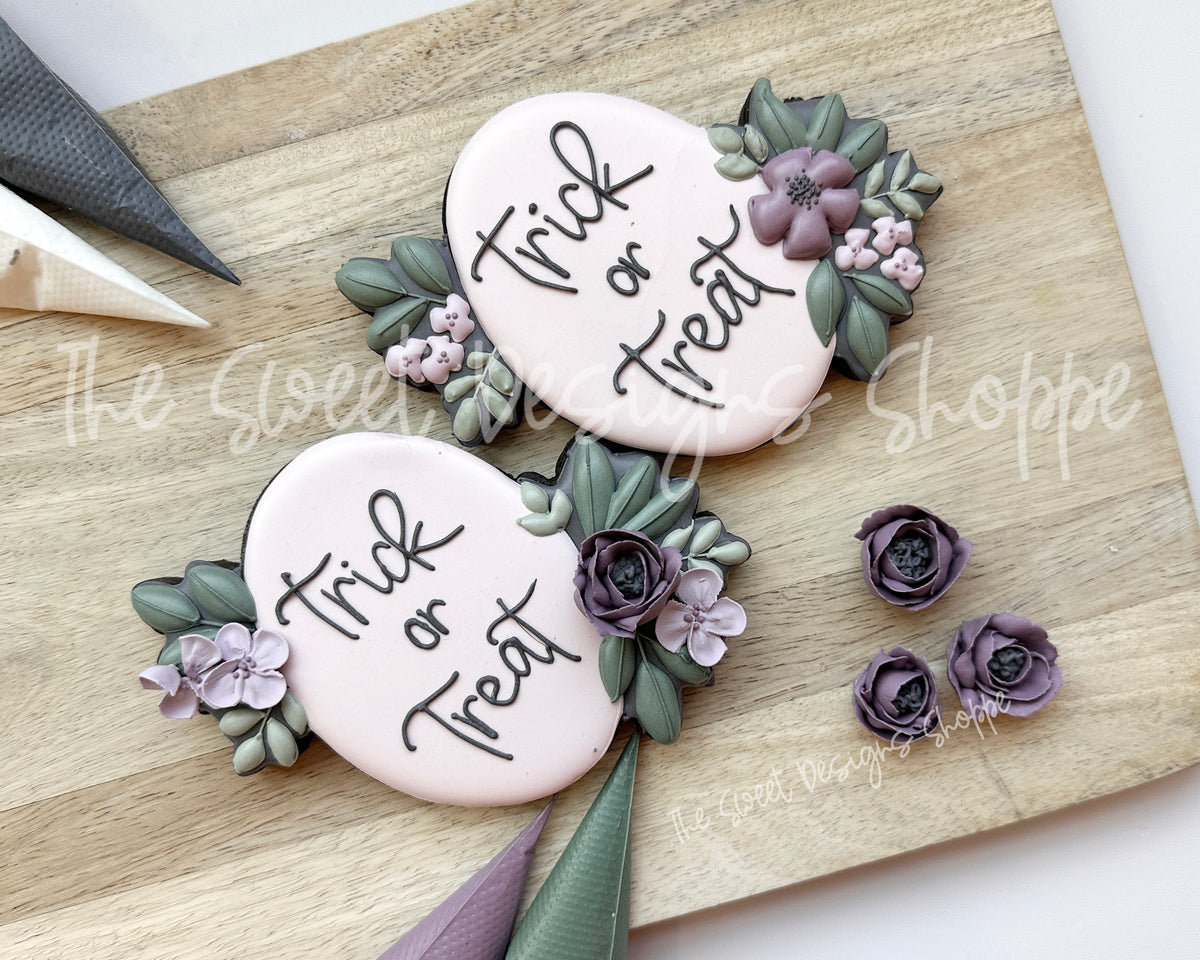 Cookie Cutters - Trick or Treat Oval Botanical Plaque - Cookie Cutter - The Sweet Designs Shoppe - TSDS - - ALL,Cookie Cutter,halloween,Plaque,Plaques,PLAQUES HANDLETTERING,Promocode,STL,trick or treat,Trick or treat oval botanical plaque