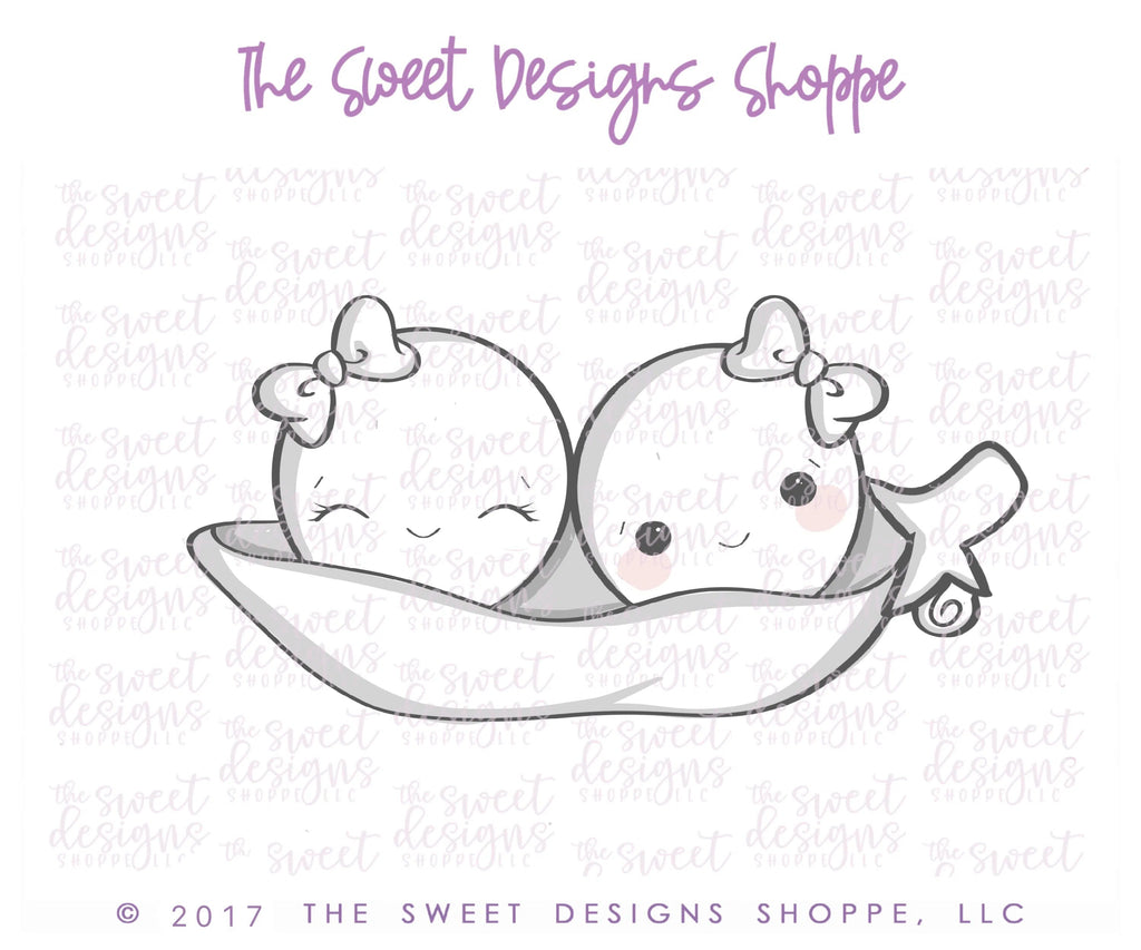 Cookie Cutters - Two Peas in a Pod with Bow v2 - Cookie Cutter - Sweet Designs Shoppe - - ALL, Baby, baby shower, Baby Swaddle, Cookie Cutter, fruit, fruits, Fruits and Vegetables, Pea, Pea in a Pod, Promocode, Swaddle, Twin, Twins