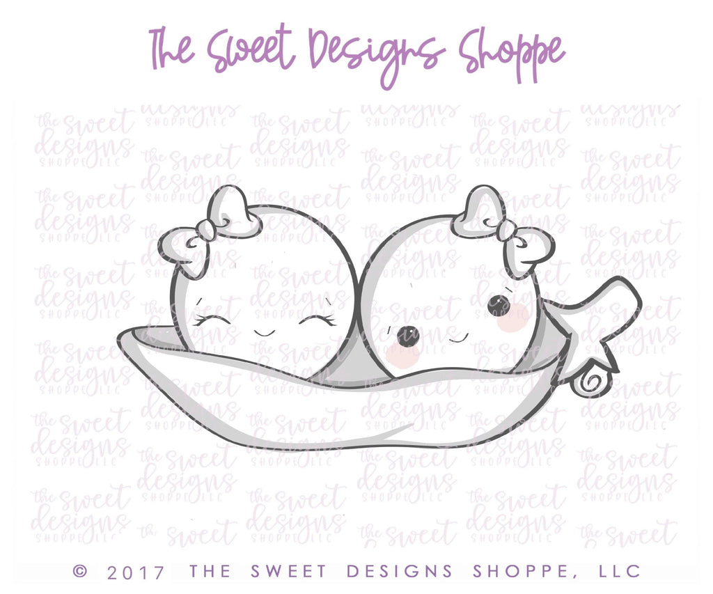 Cookie Cutters - Two Peas in a Pod with Bow v2 - Cookie Cutter - The Sweet Designs Shoppe - - ALL, Baby, baby shower, Baby Swaddle, Cookie Cutter, fruit, fruits, Fruits and Vegetables, Pea, Pea in a Pod, Promocode, Swaddle, Twin, Twins