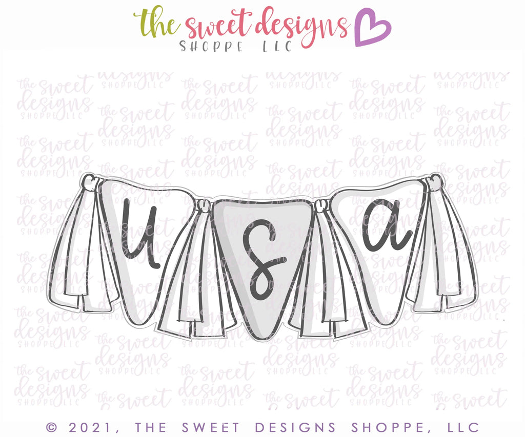 Cookie Cutters - USA Bunting - Plaque - Cookie Cutter - Sweet Designs Shoppe - - 4th, 4th july, 4th of July, ALL, BasicShapes, Birthday, Bunting, Cookie Cutter, Misc, Miscelaneous, Miscellaneous, MOM, Mom Plaque, mother, Mothers Day, patriotic, Plaque, Plaques, PLAQUES HANDLETTERING, Promocode
